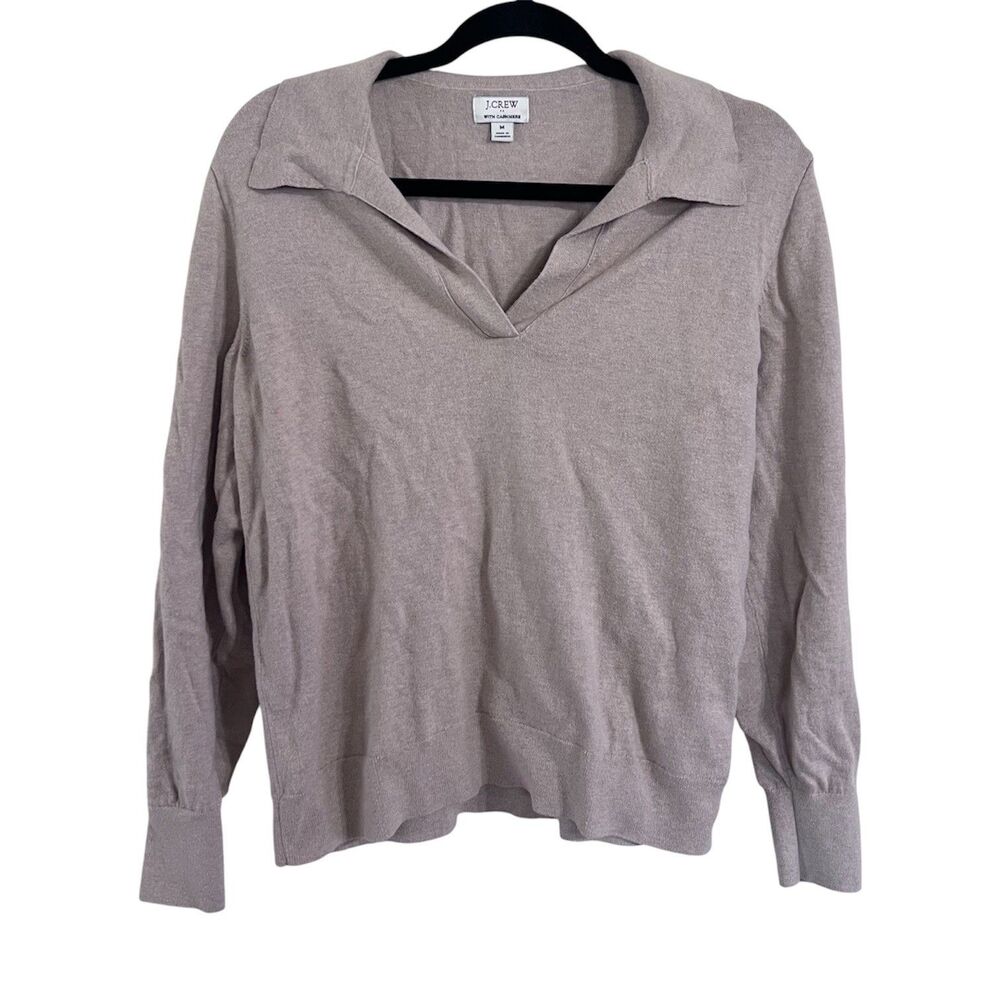 J.Crew Sweater Womens Medium Beige With Cashmere Collared V Neck Knit Pullover M